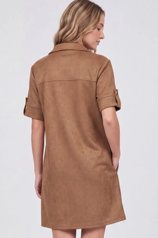 Caramel Faux Suede Collared Mini Dress with Pockets