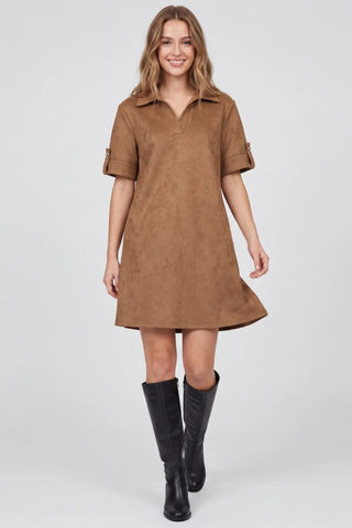 Caramel Faux Suede Collared Mini Dress with Pockets