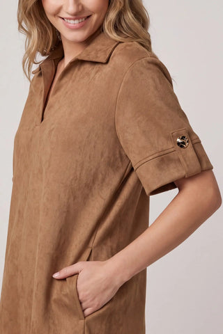 Caramel Faux Suede Collared Mini Dress with Pockets