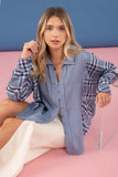 Blue stripes and plaid combo button-up top 