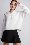 Oversized French terry ribbed pullover 3/4 zip sweatshirt—ivory