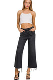 Black cropped high rise flare-leg jeans with frayed hems