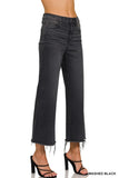 Black cropped high rise flare-leg jeans with frayed hems