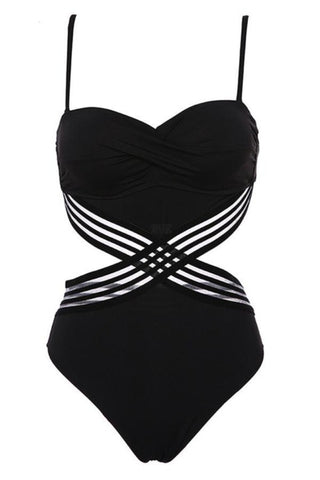 Black sweetheart neckline halter cross one piece swimsuit