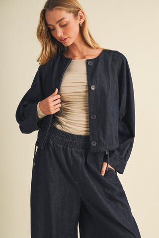 Indigo Collarless Denim Bomber Jacket