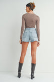 Light denim high rise shorts (back)