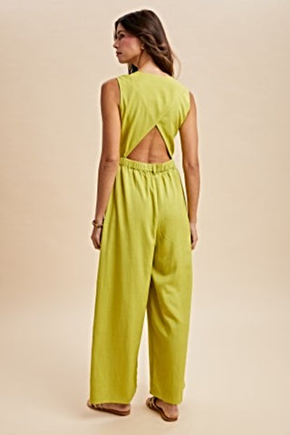 lime v neck jumpsuit with triangle open back