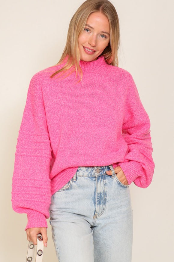 Hot pink turtleneck balloon sleeve sweater