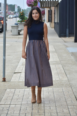 Marina Navy & Toffee Striped Color-Block Midi Dress