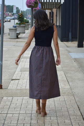 Marina Navy & Toffee Striped Color-Block Midi Dress