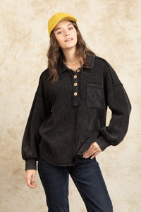 Thermal knit mineral wash half button top-black