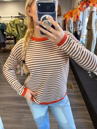 Autumn Mocha & Orange Striped Contrast Sweater