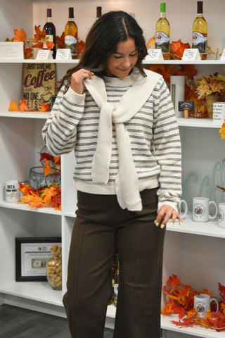 Preppy Muse: Espresso Stripe Mock Scarf Sweater