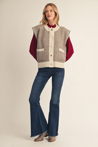 Elena Gold Button Textured Knit Vest – Oatmeal & Brown