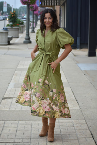 Olive Blossom Tie-Front Maxi Dress