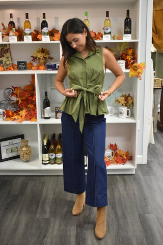 Olive Grove Tie-Front Sleeveless Button-Up Top
