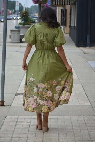 Olive Blossom Tie-Front Maxi Dress