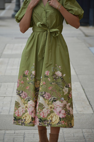 Olive Blossom Tie-Front Maxi Dress