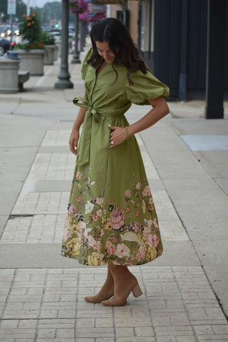 Olive Blossom Tie-Front Maxi Dress
