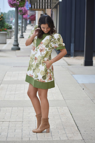 Olive Floral Puff Sleeve V-Neck Relaxed Short Dress