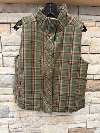 Aspen Heritage Olive Plaid Quilted Mock Neck Vest