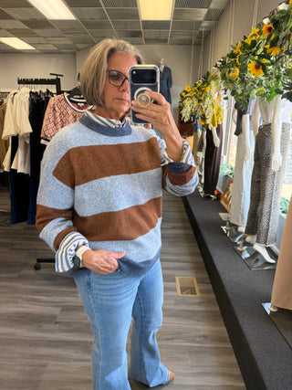 Oversized Bold Stripe Knit Pullover - Chocolate & Light Blue