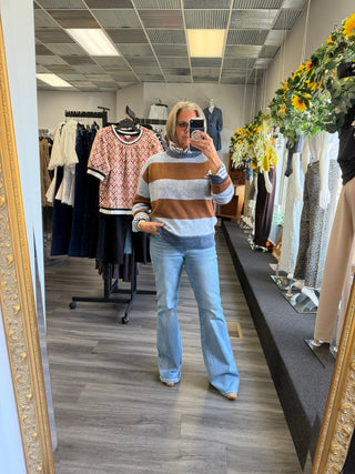 Oversized Bold Stripe Knit Pullover - Chocolate & Light Blue