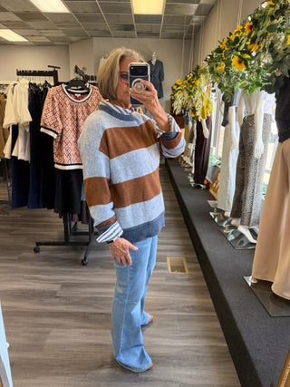 Oversized Bold Stripe Knit Pullover - Chocolate & Light Blue
