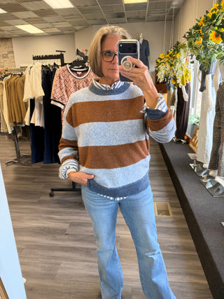 Oversized Bold Stripe Knit Pullover - Chocolate & Light Blue