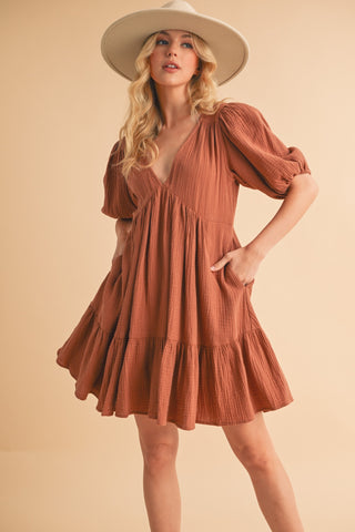 Autumn Ember Terracotta Tiered Mini Dress with Pockets