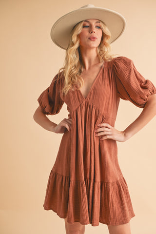 Autumn Ember Terracotta Tiered Mini Dress with Pockets