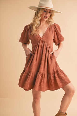 Autumn Ember Terracotta Tiered Mini Dress with Pockets