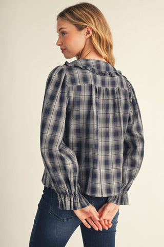 Paula Navy Plaid Ruffle Peter Pan Collar Blouse