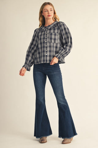 Paula Navy Plaid Ruffle Peter Pan Collar Blouse
