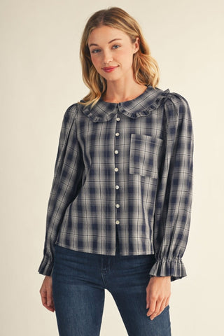 Paula Navy Plaid Ruffle Peter Pan Collar Blouse