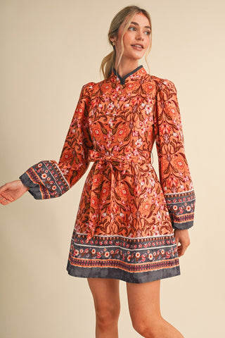 Sandra Salmon Floral Mandarin Collar Mini Dress