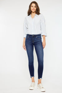 Dark midi rise skinny jeans with ankle frays