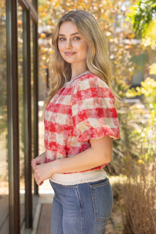 Ruby Gingham Puff Sleeve Top – Vintage Red & Taupe Plaid