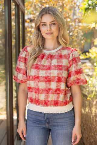 Ruby Gingham Puff Sleeve Top – Vintage Red & Taupe Plaid
