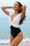 Black and white v-neck one piece color block swimsuit