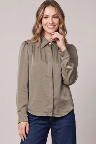 Elegant Olive Satin Long Sleeve Button-Down Blouse