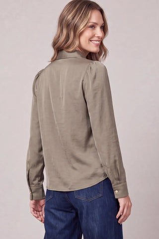 Elegant Olive Satin Long Sleeve Button-Down Blouse