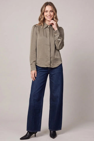 Elegant Olive Satin Long Sleeve Button-Down Blouse