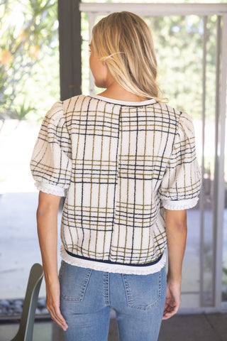 Cozy Plaid Sherpa Puff Sleeve Top – Chic Short Sleeve Fleece