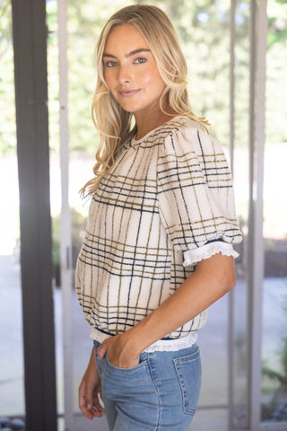 Cozy Plaid Sherpa Puff Sleeve Top – Chic Short Sleeve Fleece