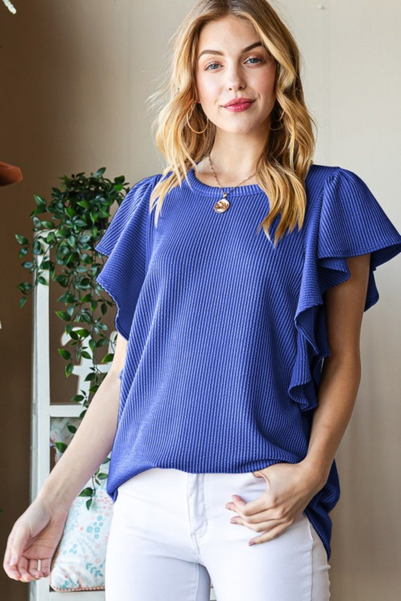 Ribbed royal blue top with ruffle sleeves