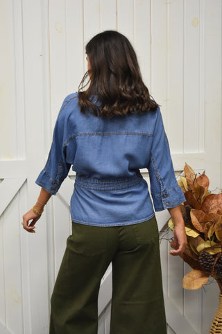 Snatched Waist Denim Collared Blouse