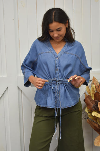 Snatched Waist Denim Collared Blouse