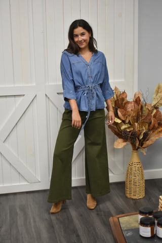 Snatched Waist Denim Collared Blouse
