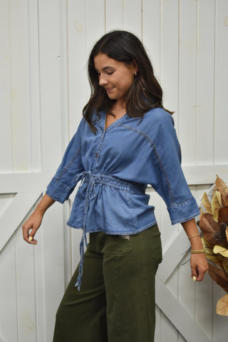 Snatched Waist Denim Collared Blouse